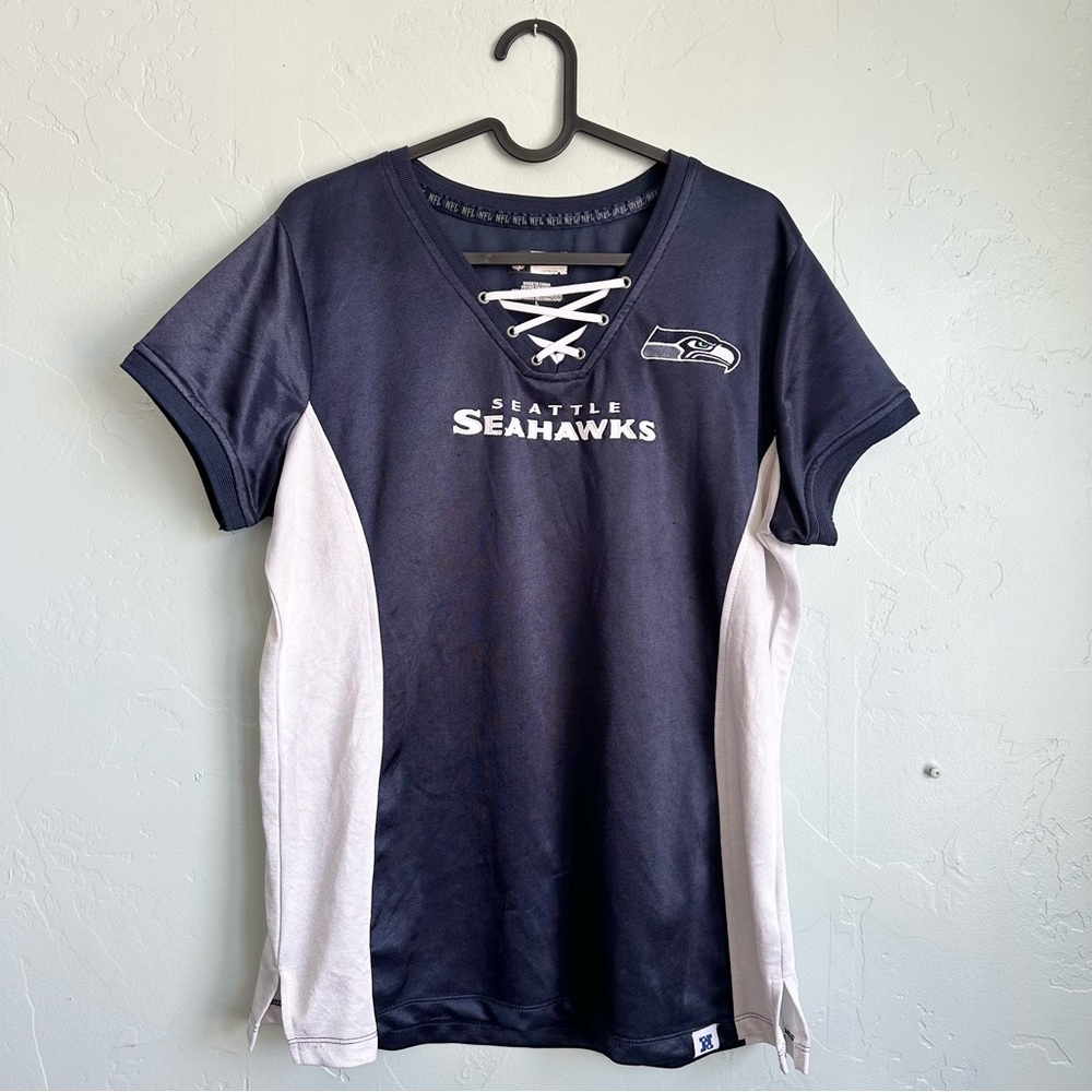 NFL Women's Seattle Seahawks Lace Up‎ V-Neck Navy Shirt Jersey Top Size Large
